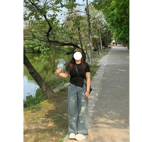 大码女装胖mm高腰直筒阔腿牛仔裤