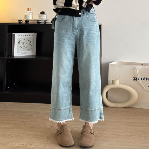 300斤胖mm大码蕾丝拼接牛仔裤女