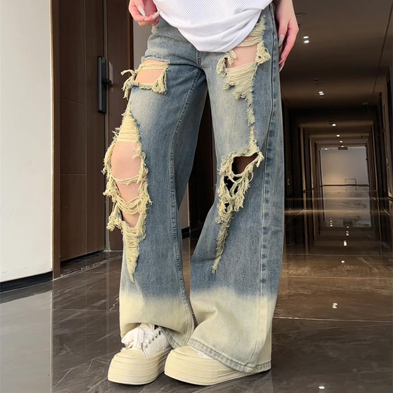 300斤大码美式复古破洞牛仔裤女