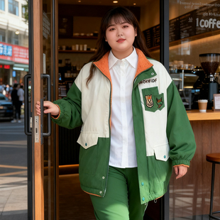 大码 胖mm学院风双面穿撞色拼接羊羔毛棉服女宽松加厚保暖棉衣外套