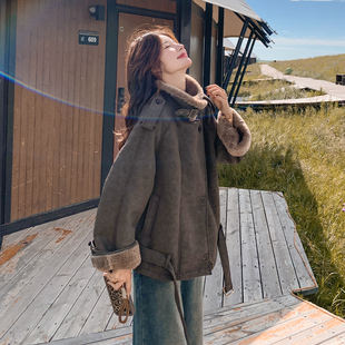 加绒宽松棉衣棉服 胖mm咖色皮毛一体羊羔毛加厚外套女冬季 大码 女装