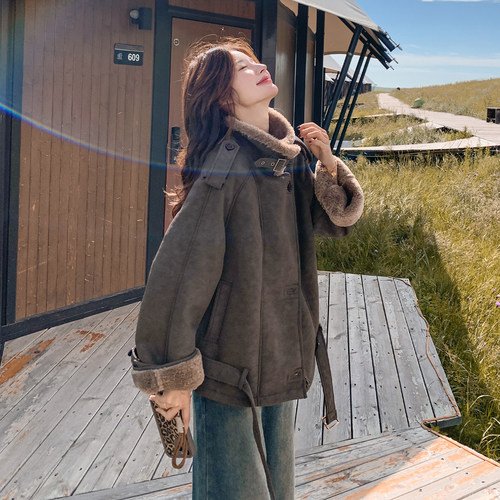 大码女装咖色皮毛一体羊羔毛外套