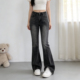 女拖地马蹄喇叭裤 2026夏季 复古高腰微喇弹力牛仔裤 胖mm美式 子 大码