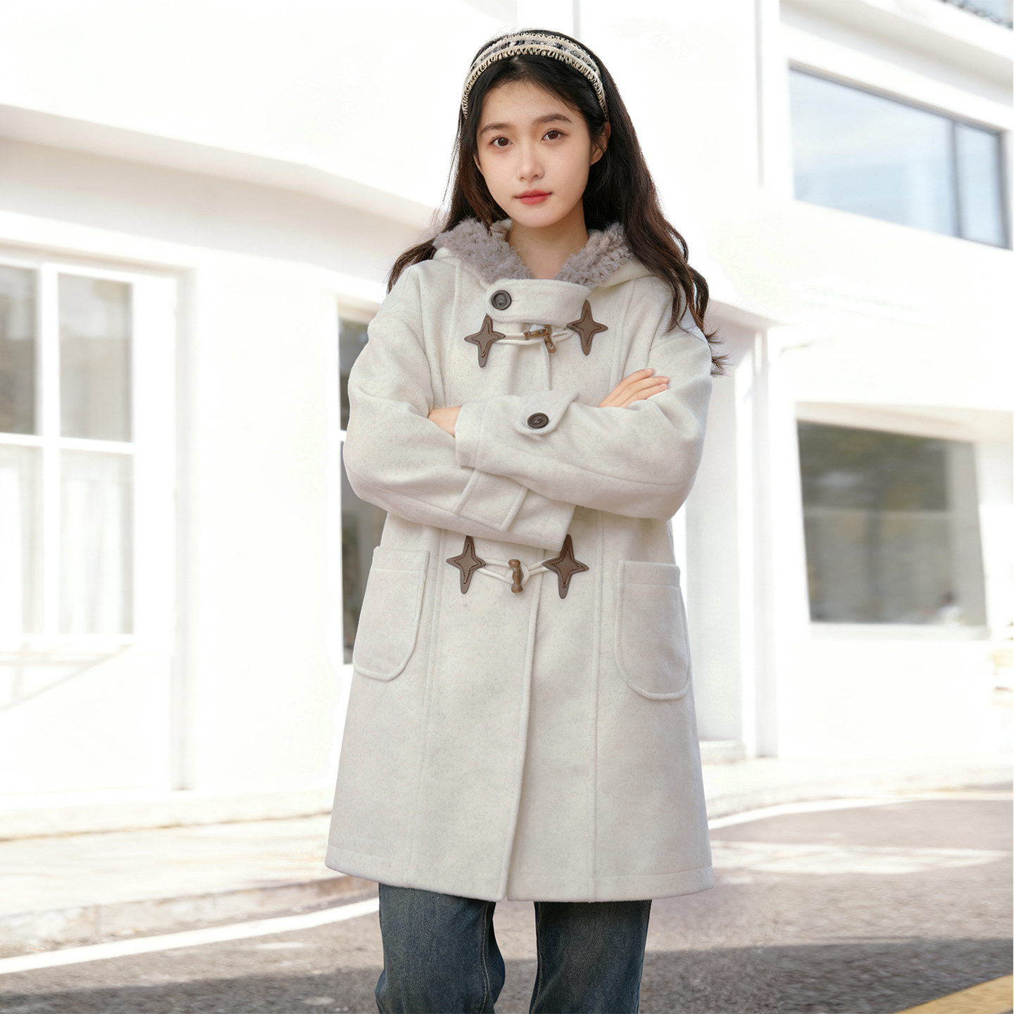 大码胖mm连帽牛角扣夹棉毛呢外套