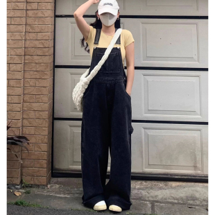 子 女遮肉显瘦百搭减龄阔腿拖地连体裤 胖mm大码 高腰宽松牛仔背带裤