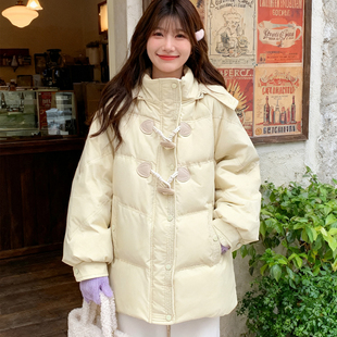大码 胖mm温柔韩系风牛角扣羽绒棉服女连帽加厚面包服棉衣外套 女装