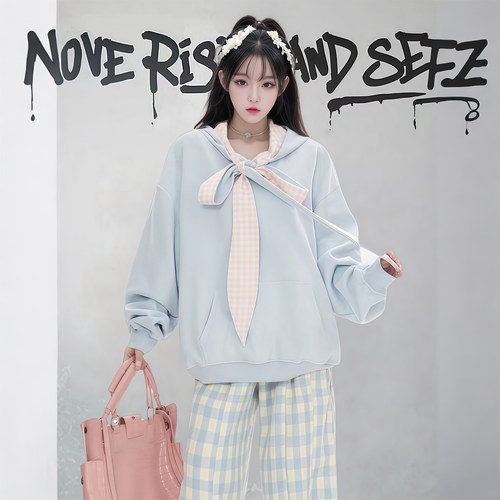 300斤胖mm大码格子蝴蝶结卫衣