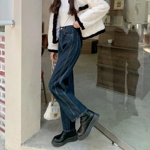 300斤大码高腰直筒宽松牛仔裤女