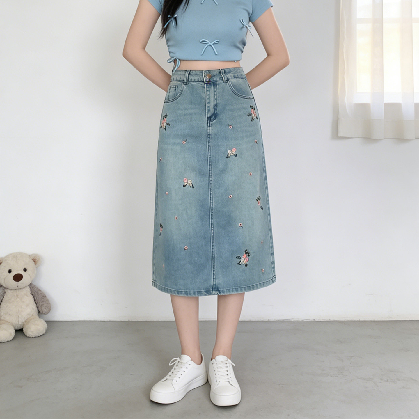 2026夏季大码胖mm学院风刺绣牛仔半身裙女高腰显瘦中长款A字裙子