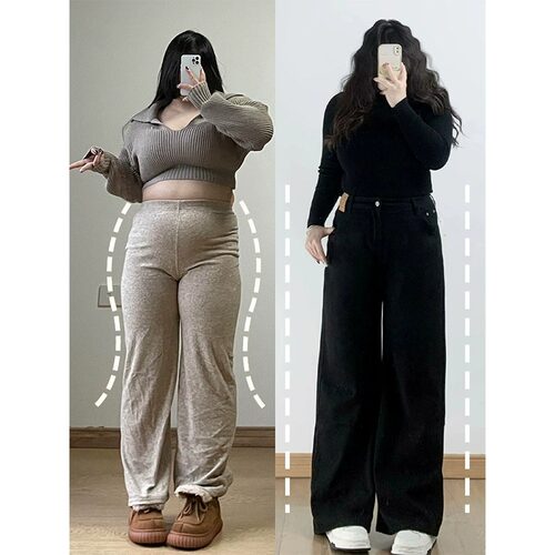 大码女装胖mm高腰直筒阔腿牛仔裤