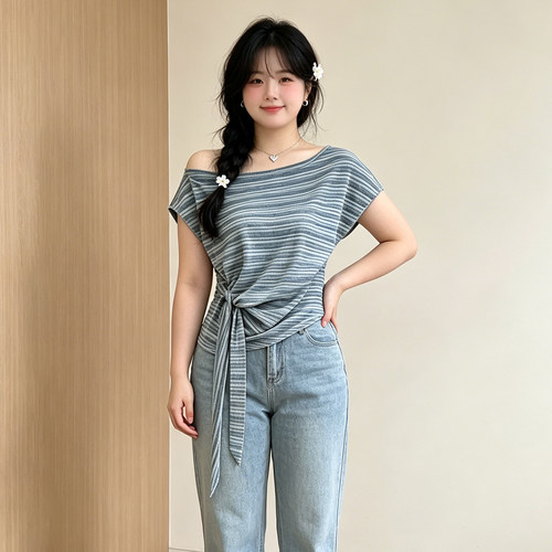 大码露肩条纹绑带收腰短袖t恤女