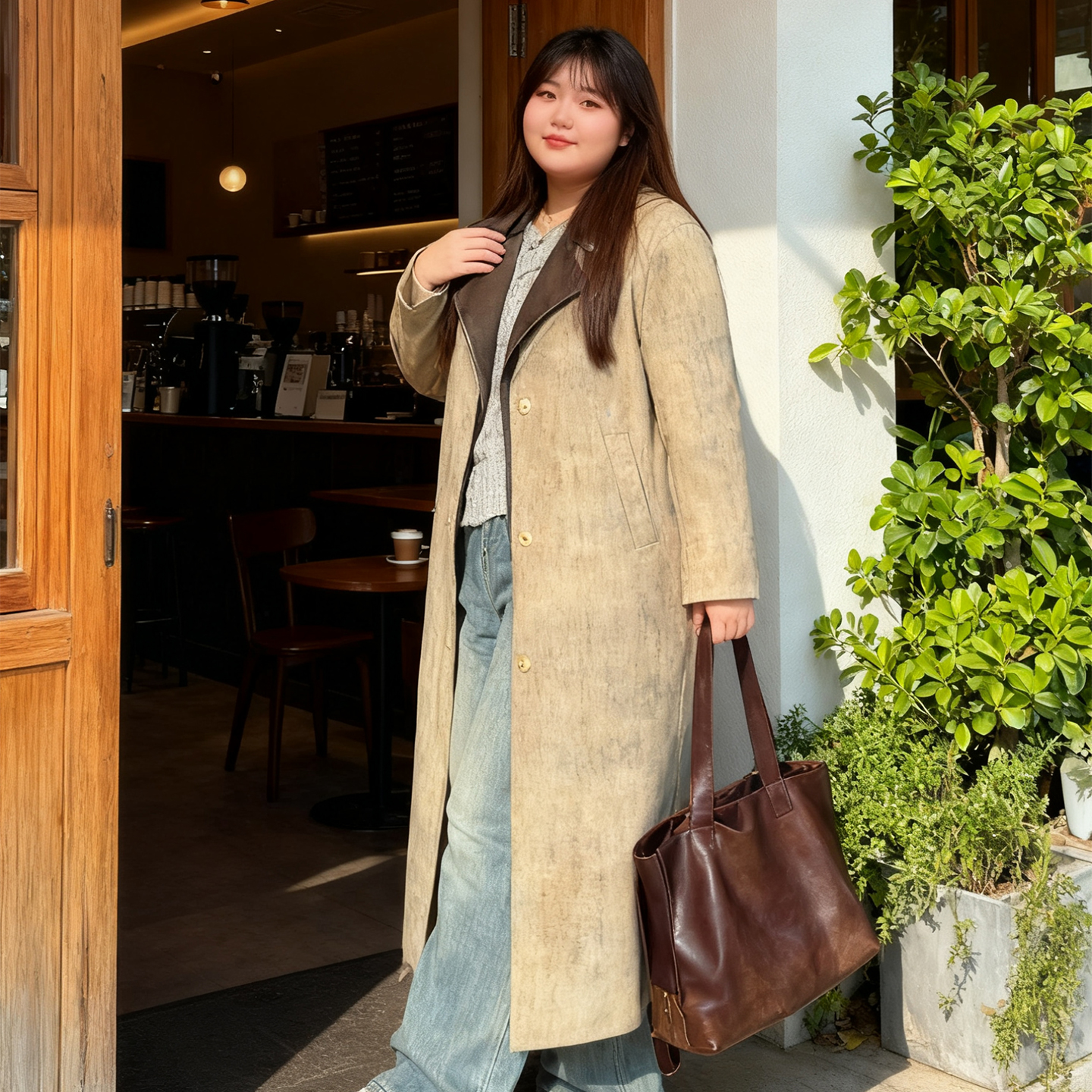 大码女装复古假两件PU皮拼接外套