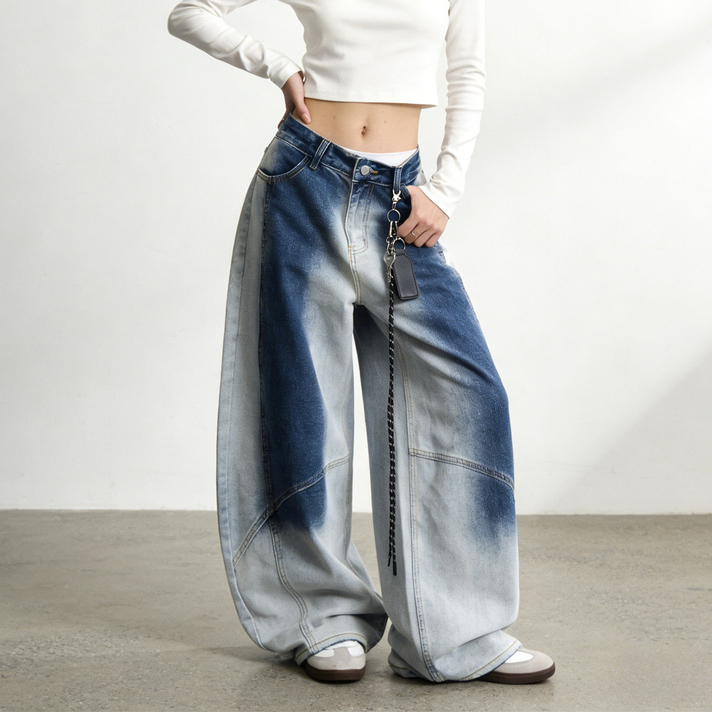 300斤大码胖mm美式复古水洗渐变工装牛仔裤女高腰宽松休闲阔腿裤,女装/女士精品,大码裤装,淘宝优惠券,粉丝福利购,淘宝优惠卷