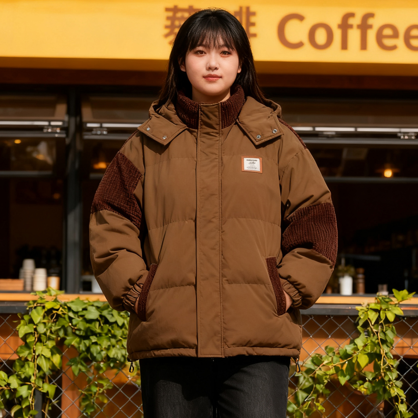 大码胖mm美式复古连帽棉服女