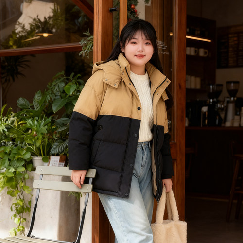 大码女装撞色连帽加厚羽绒棉服女