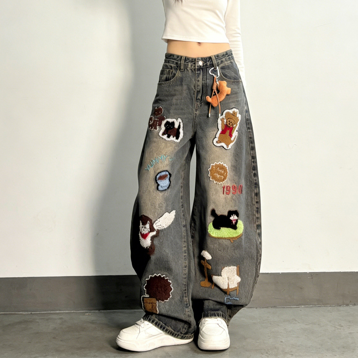 大码胖mm设计感童趣卡通刺绣直筒牛仔裤女高腰宽松阔腿裤拖地裤子,女装/女士精品,大码裤装,淘宝优惠券,粉丝福利购,淘宝优惠卷