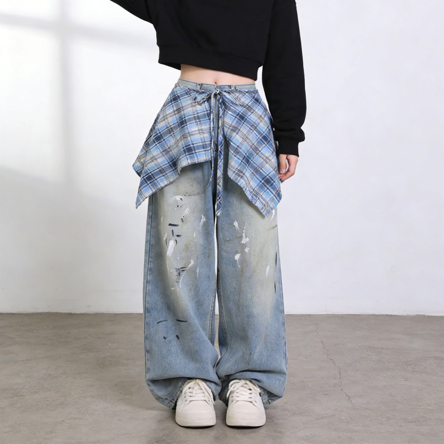 大码胖mm松弛泼墨水洗牛仔裤女宽松可拆卸屁帘设计感街头阔腿裤子,女装/女士精品,大码裤装,淘宝优惠券,粉丝福利购,淘宝优惠卷