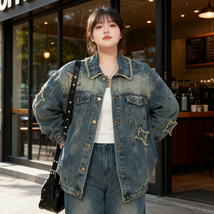 复古星星刺绣牛仔外套女宽松显瘦设计感夹克上衣 胖mm美式 大码 女装