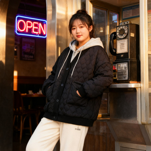 2025秋冬大码 假两件拼接棉服女胖mm加厚保暖宽松百搭棉衣外套 女装