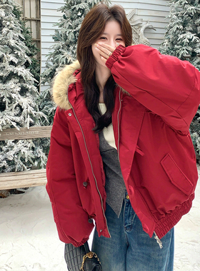 大码胖mm红色连帽毛领牛角扣派克服女冬宽松加厚保暖棉衣棉服外套