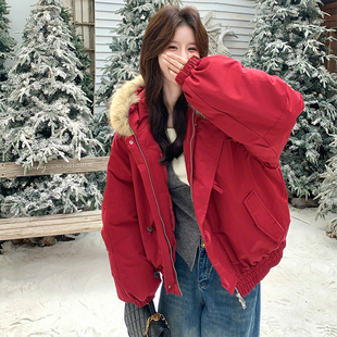 大码 胖mm红色连帽毛领牛角扣派克服女冬宽松加厚保暖棉衣棉服外套
