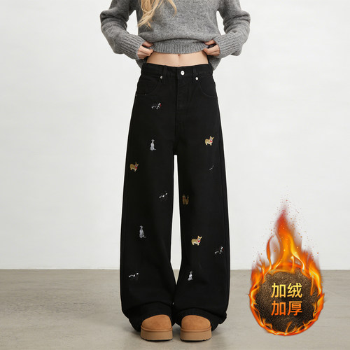 大码加绒保暖卡通刺绣阔腿牛仔裤