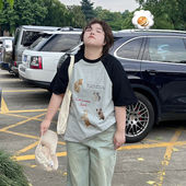 胖mm美式 猫咪印花短袖 T恤女夏季 300斤特大码 减龄宽松显瘦女装 上衣