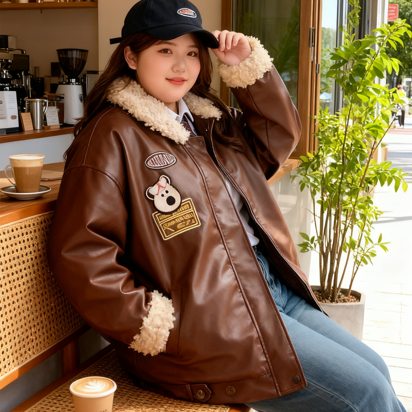 大码胖mm翻领复古加厚皮衣外套女