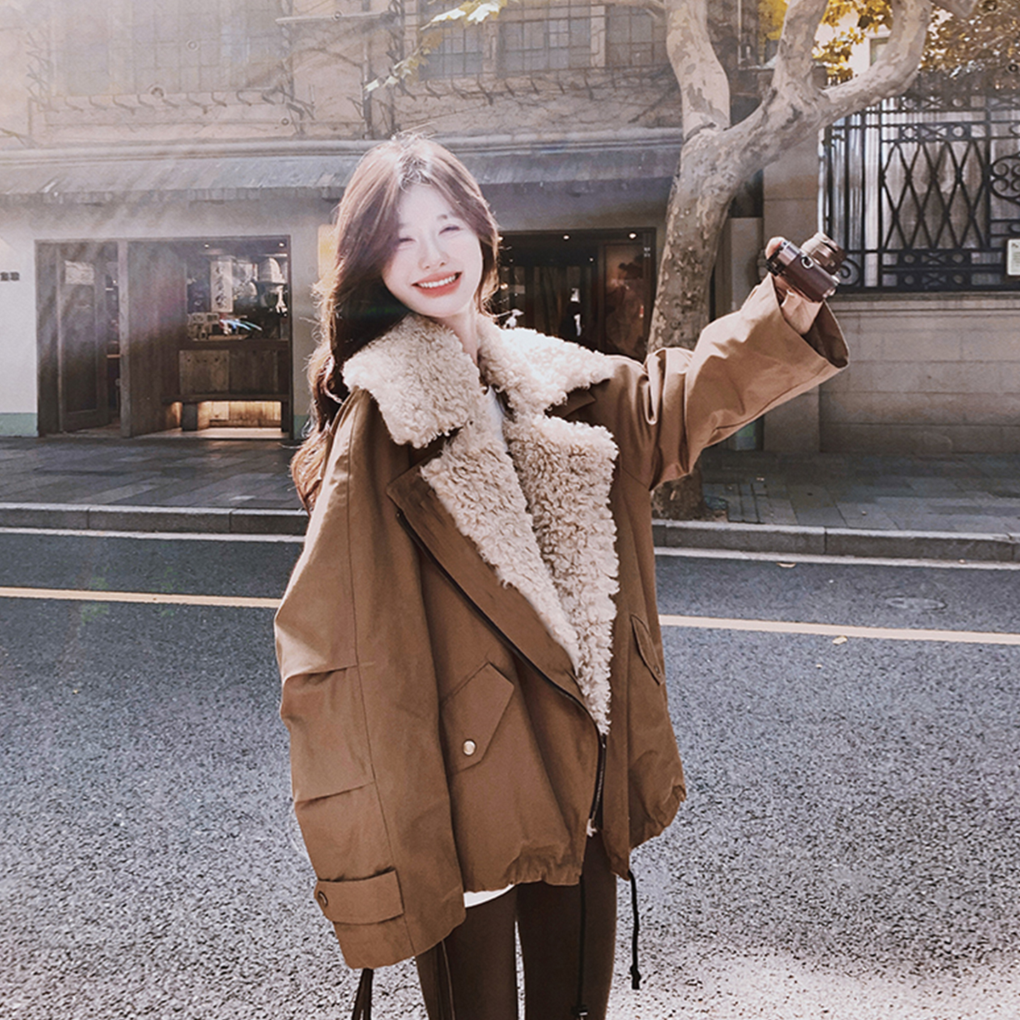 大码胖mm美拉德大翻领羊羔毛外套