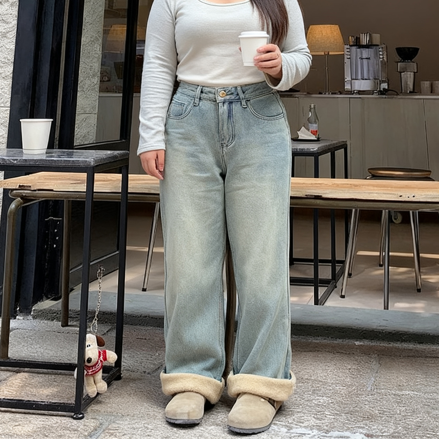 大码女装胖mm加绒阔腿牛仔裤女