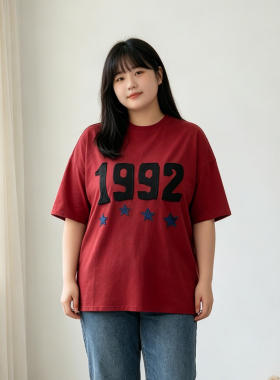 300斤大码胖mm复古数字星星贴布绣短袖T恤女宽松遮肉百搭红色上衣