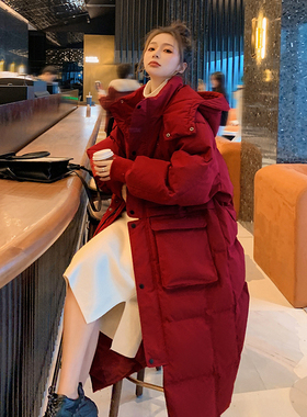 大码女装胖mm红色长款过膝棉衣棉服女秋冬装宽松加棉加厚棉袄外套