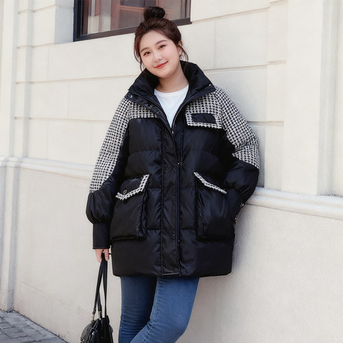 冬季大码胖mm千鸟格拼接羽绒棉衣