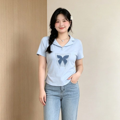 大码胖mm翻领蝴蝶印花短袖T恤女