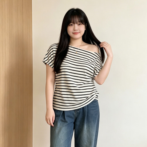 大码胖mm露肩条纹针织短袖T恤女