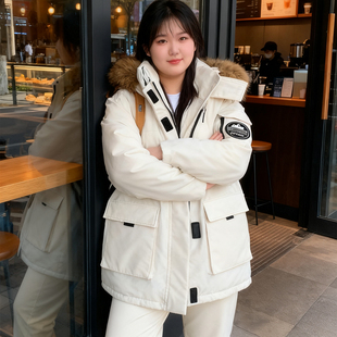 胖mm宽松工装 女装 棉服女加厚保暖派克服连帽毛领棉衣外套 大码 冬季