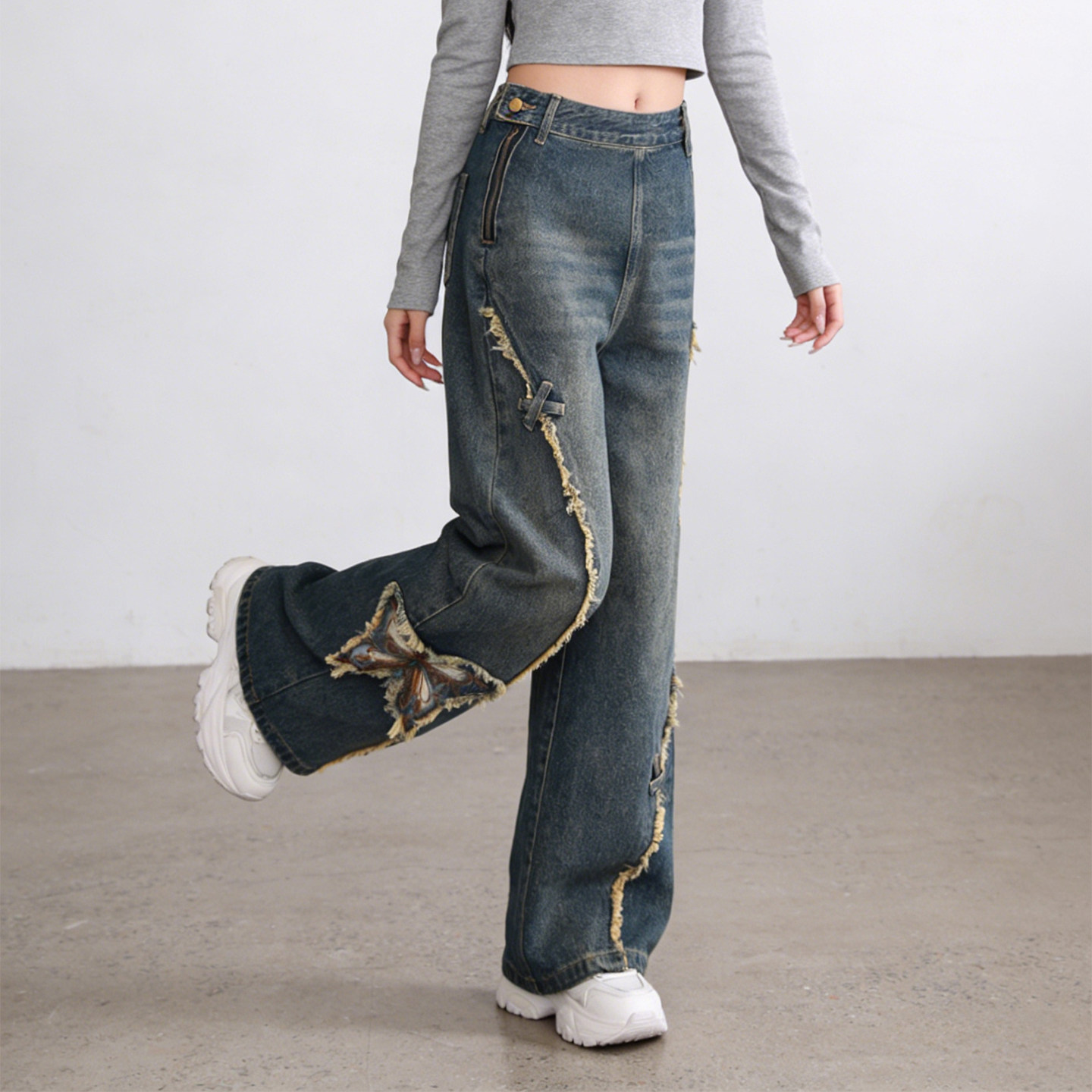 2026春季大码胖mm美式蝴蝶贴布刺绣牛仔裤女设计感直筒宽松阔腿裤,女装/女士精品,大码裤装,淘宝优惠券,粉丝福利购,淘宝优惠卷