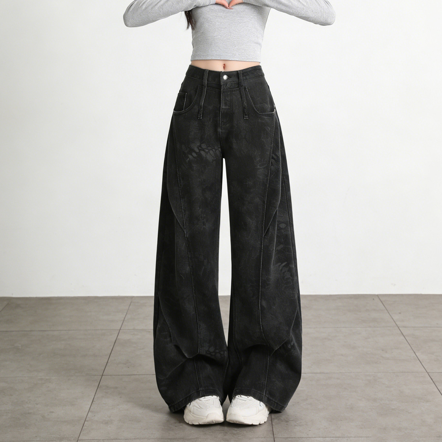 大码胖mm复古辣妹酷飒风高腰阔腿牛仔裤女黑色宽松显瘦直筒拖地裤,女装/女士精品,大码裤装,淘宝优惠券,粉丝福利购,淘宝优惠卷