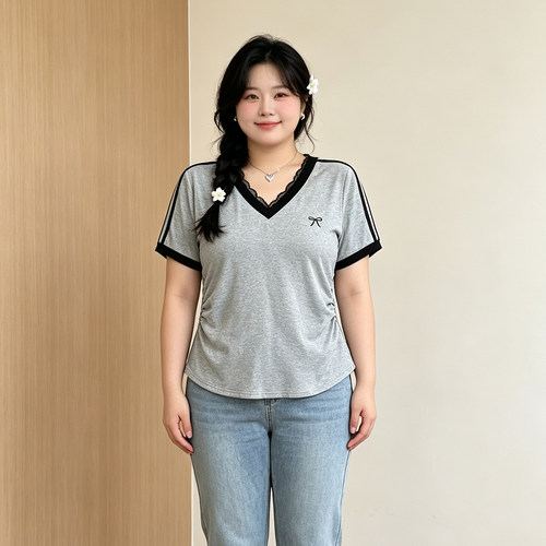 大码胖mm韩系蕾丝V领短袖T恤女
