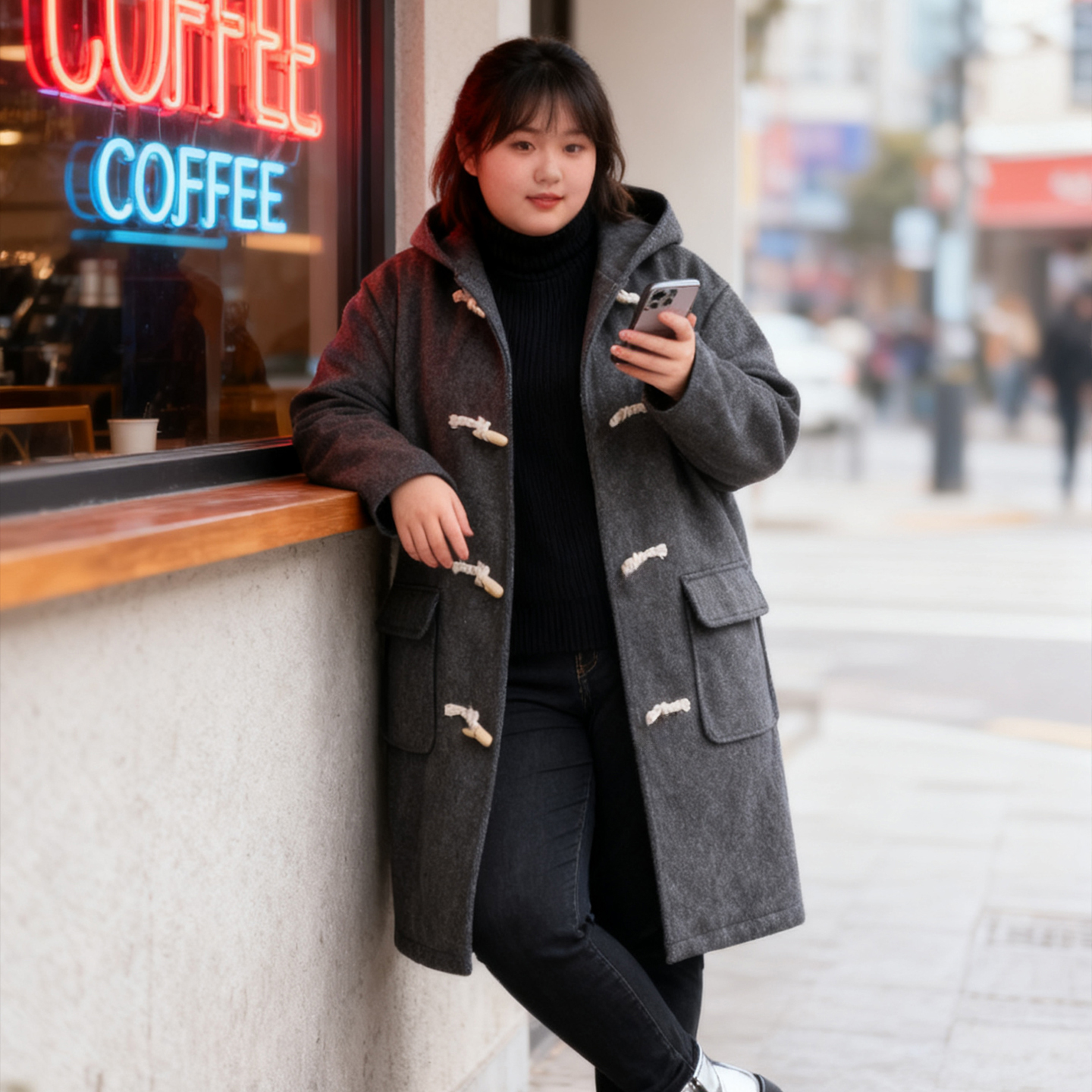 大码学院风连帽牛角扣毛呢外套女