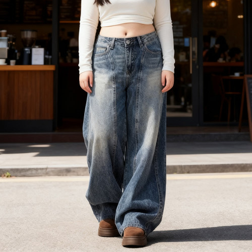 大码女装高腰阔腿宽松弯刀牛仔裤