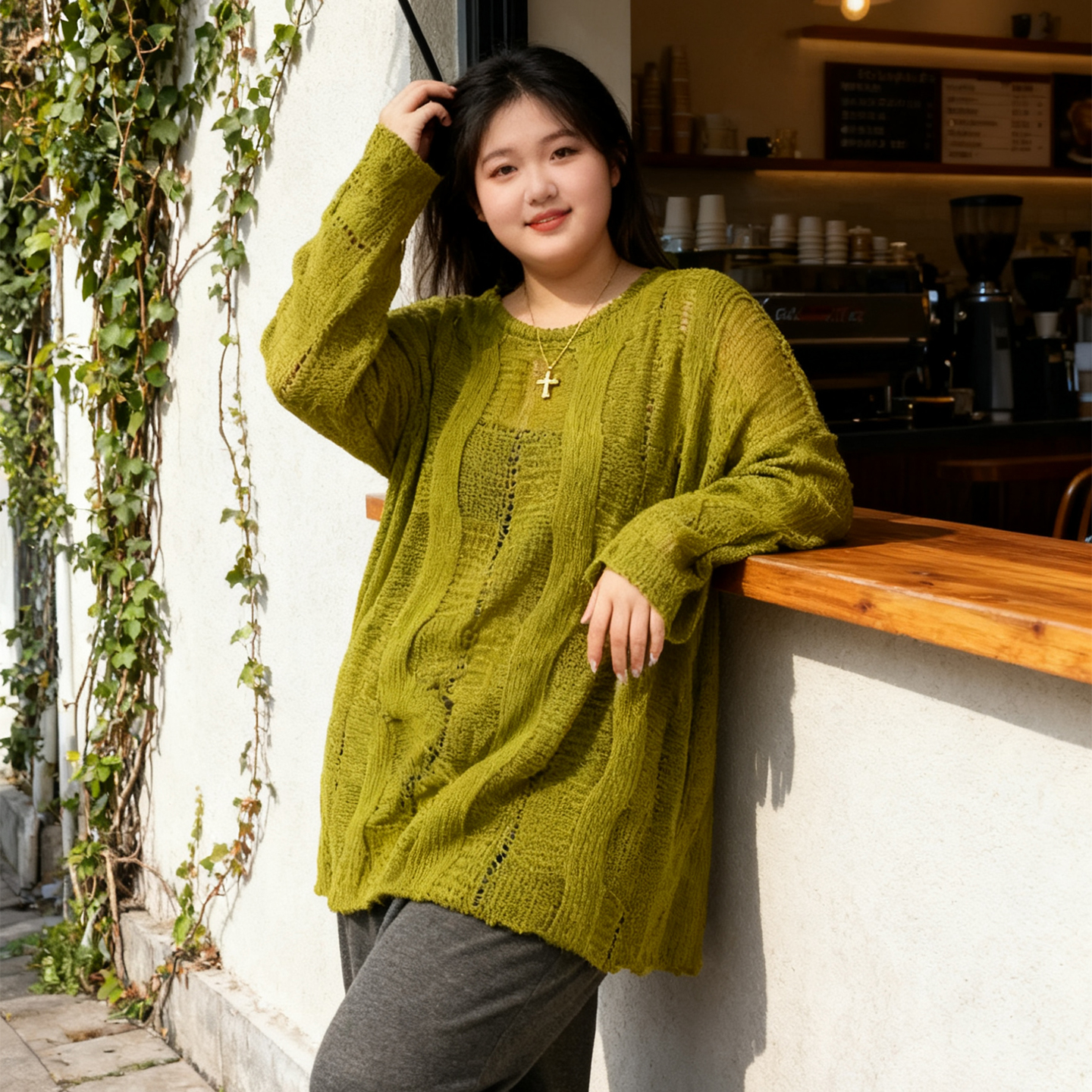 大码女装慵懒镂空宽松长袖针织衫