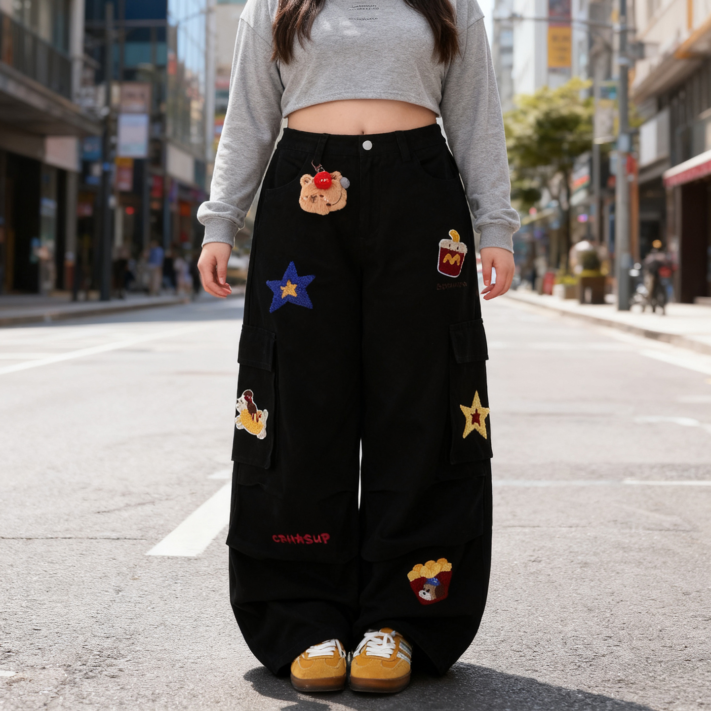 大码女装卡通刺绣阔腿宽松牛仔裤