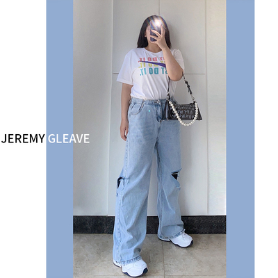 大码女装胖mm高腰直筒阔腿牛仔裤