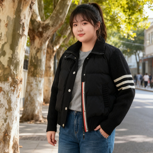 大码 胖mm针织拼接撞色羽绒棉服女立领加厚保暖小香风百搭棉衣外套