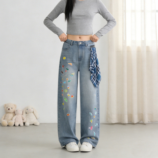 女宽松显瘦高腰直筒裤 2026春季 复古涂鸦风阔腿牛仔裤 胖mm美式 大码