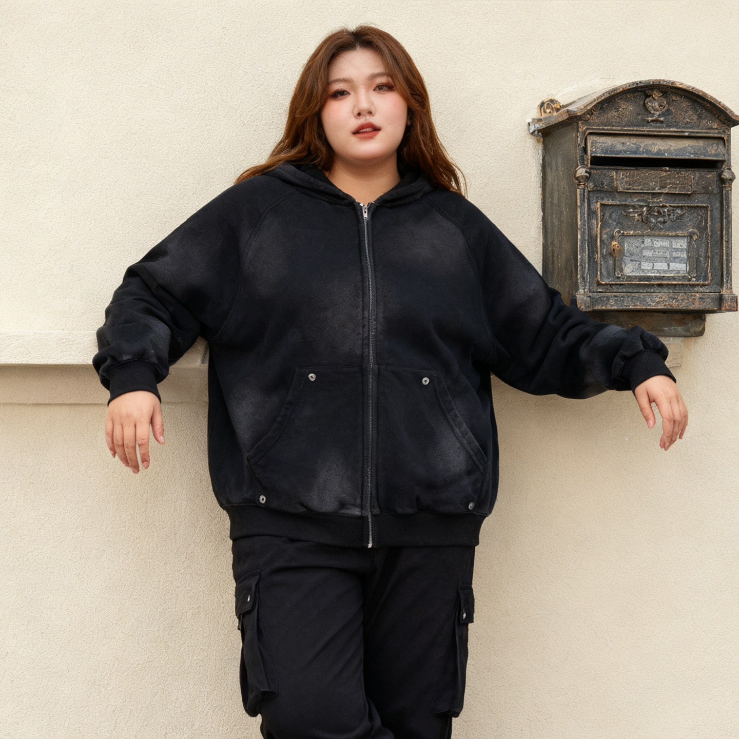 大码女装胖mm废土风连帽卫衣外套