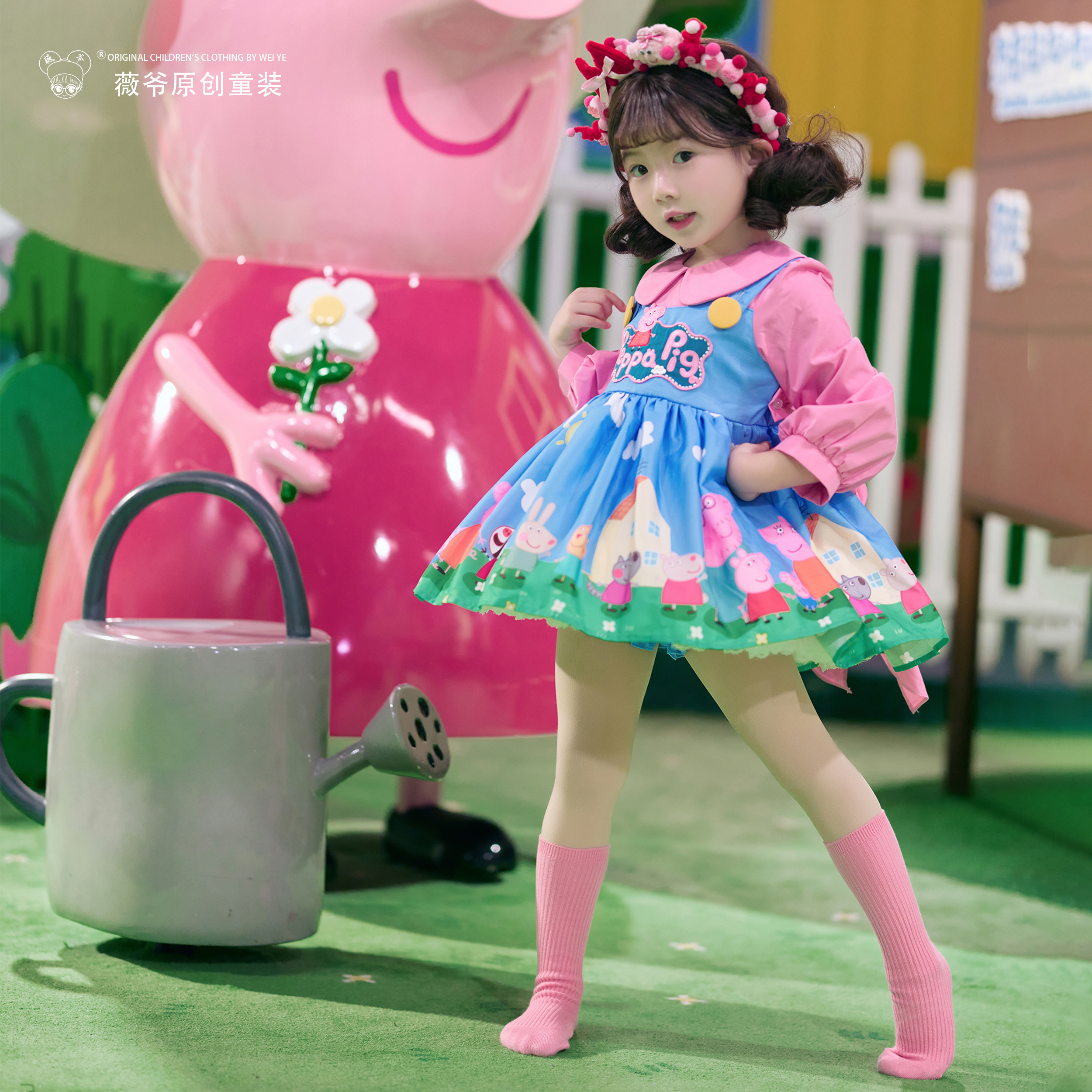 薇爷原创【小猪佩奇】女童宝宝可爱卡通原创设计蓬蓬连衣裙套装