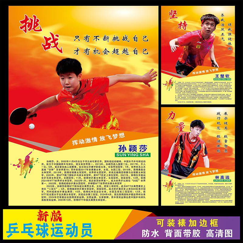 乒乓球新秀运动员海报明星泡沫板画国内运动员KT板画墙贴自粘墙贴