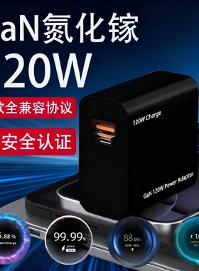 120W全兼容氮化镓充电器适用华为荣耀/VIVOiQOO/OPPO真我一加/小米红米黑鲨三星苹果闪充头PD65W充电插头